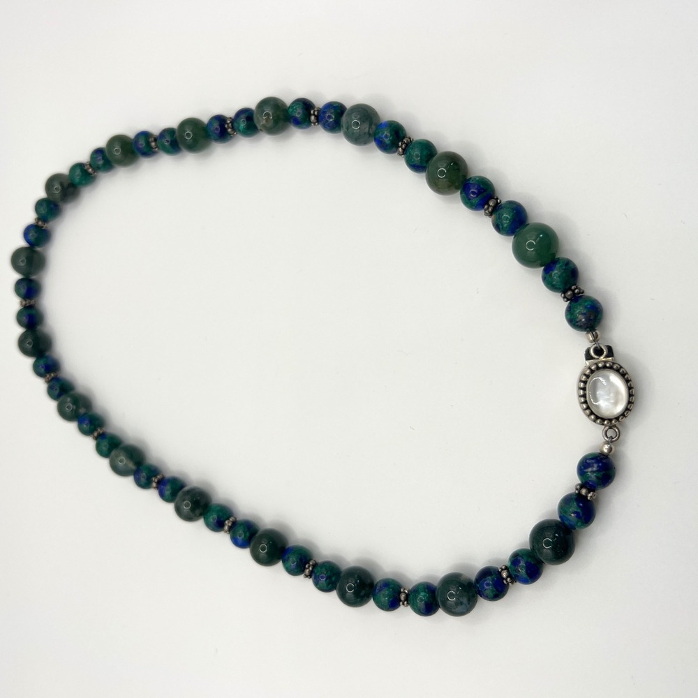VTG 925 Sterling Azurite Malachite Moss Agate Mother of Pearl Beaded Necklace - Picture 4 of 13